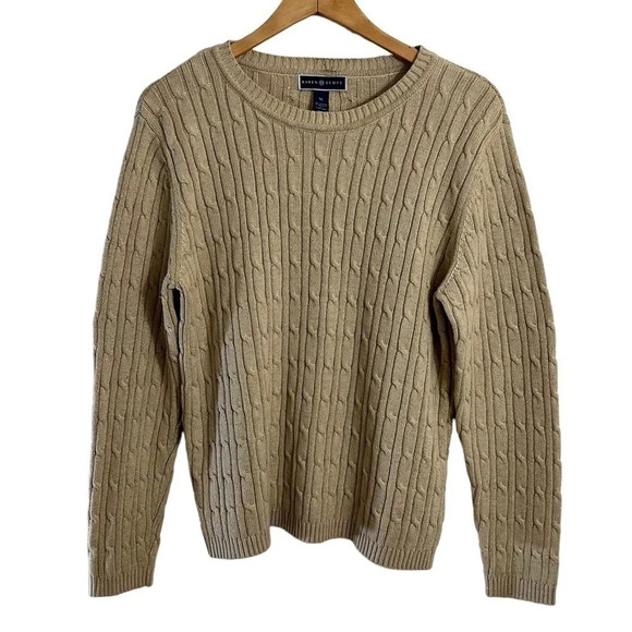 Karen Scott Beige Cable Knit Sweater XL Gold Metallic Long Sleeves Cotton Blend - Picture 1 of 6